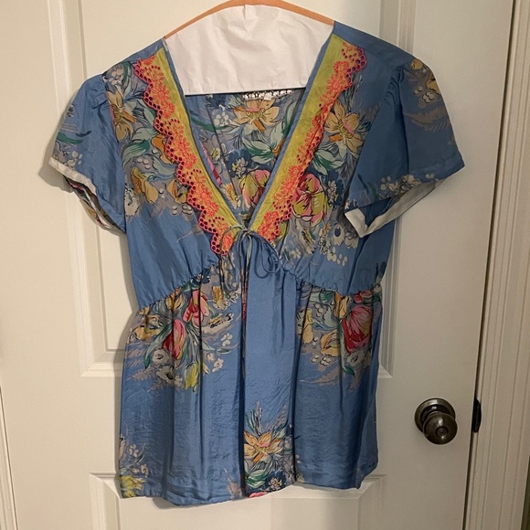 Johnny Was Tops - Johnny Was Blue Floral Blouse with Yellow Accents